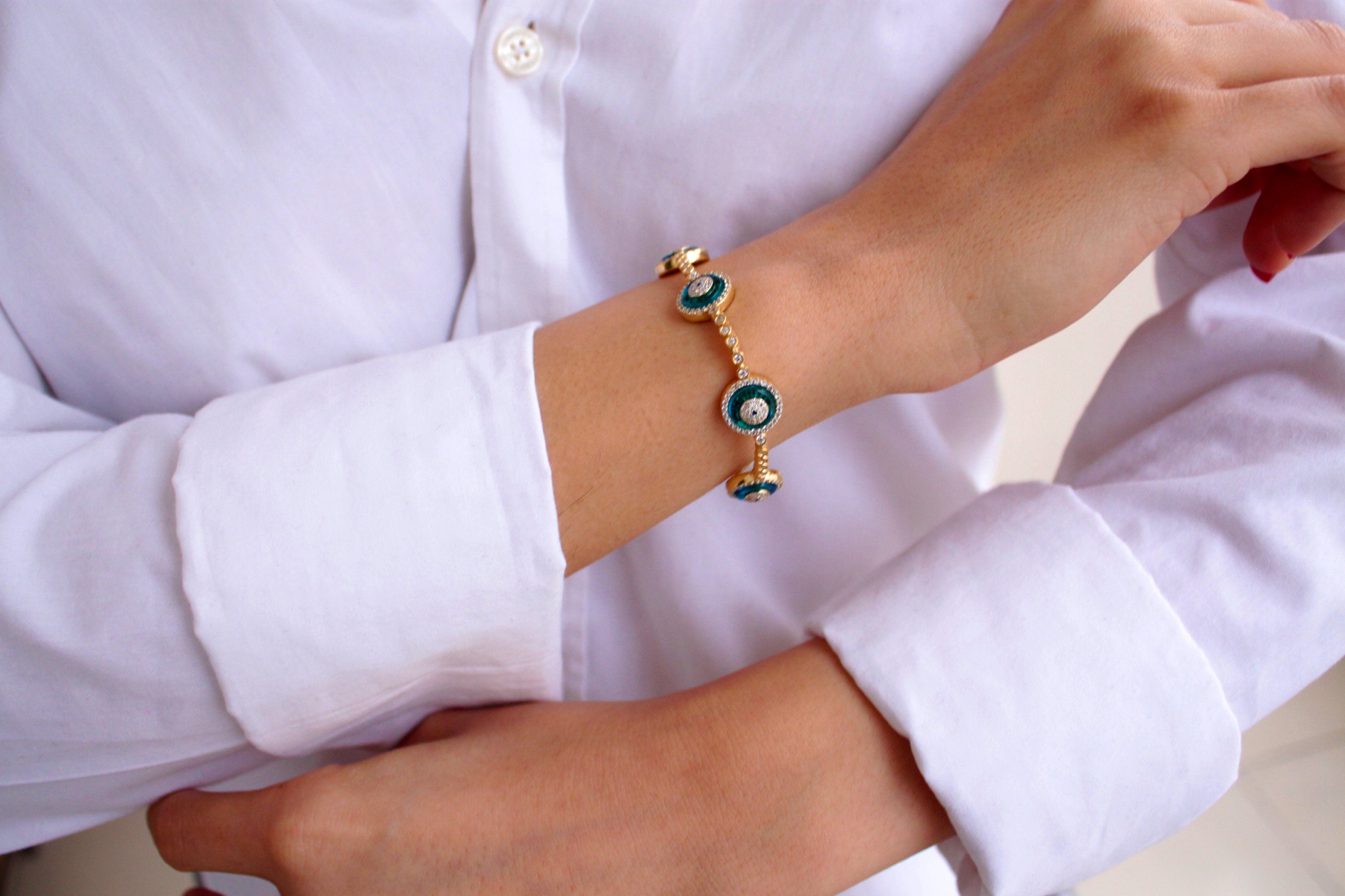PLATINUM SILVER EVIL EYE BLUE & WHITE SAPPHIRE KABBALAH 8