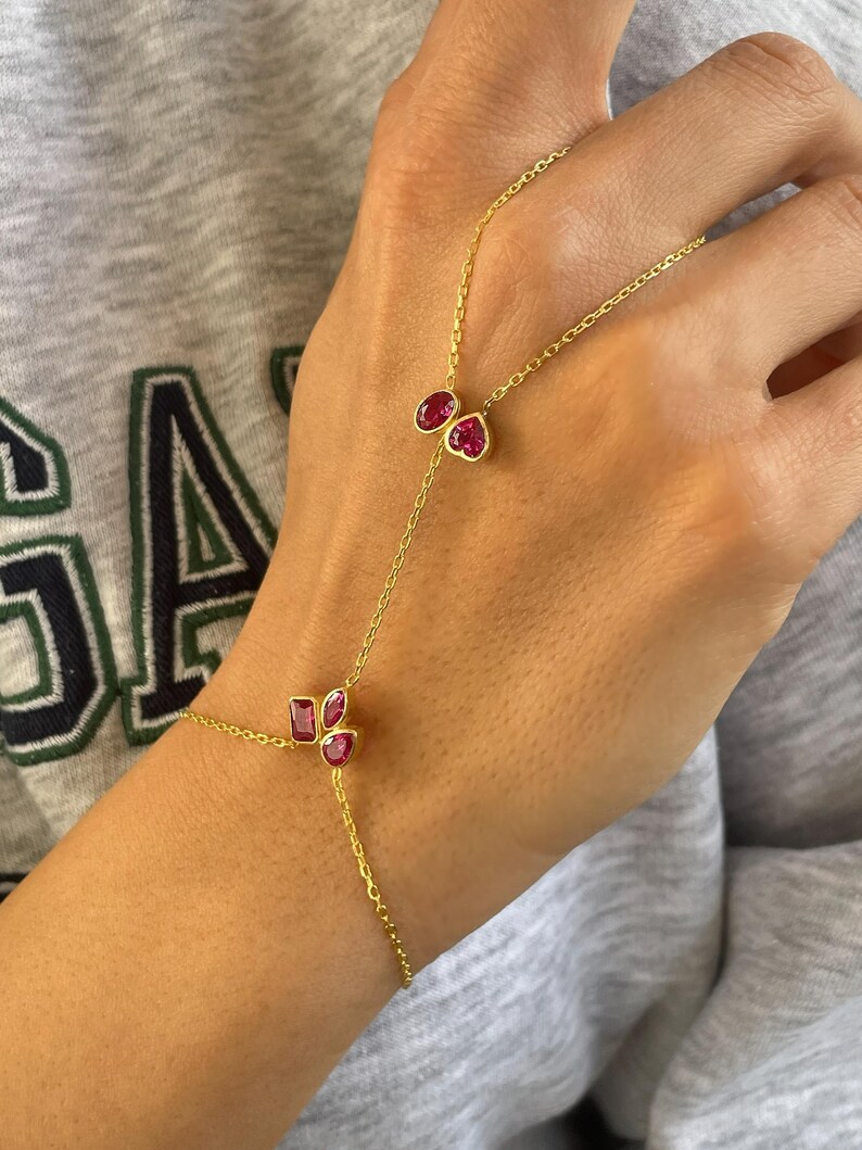 Ruby Color Hand Chain, 925 Sterling Silver 14K Gold-plated Finger ...