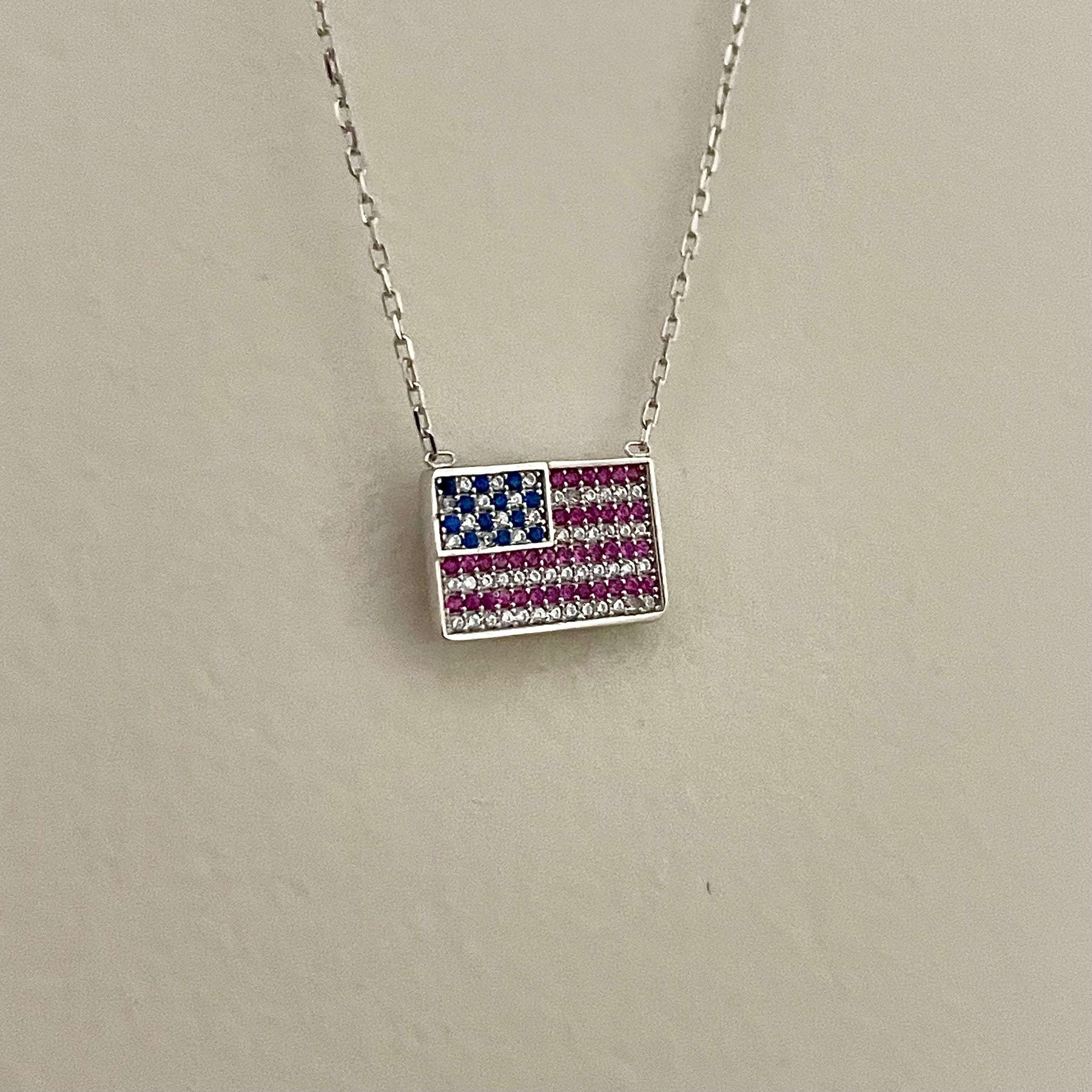 925 Sterling Silver USA Flag Necklace – Patriotic American Flag Charm Jewelry – Team USA Gift for Women