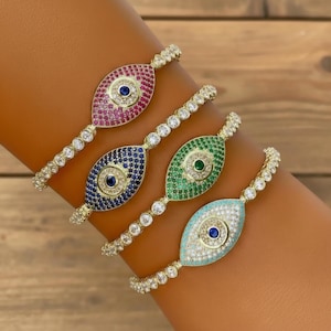 Sterling Silver Evil Eye Bracelet, CZ Tennis Chain, Turkish Charm