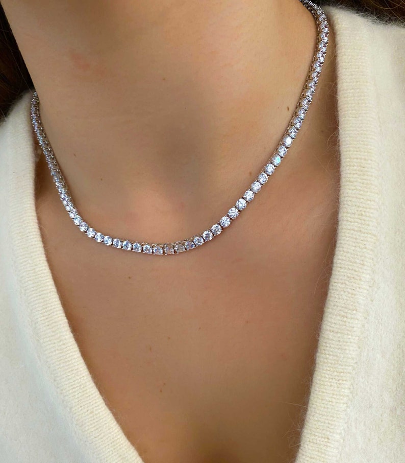 Round Created 925 Solid Sterling Silver Woman Gift for Her Tennis Necklace Tennis Chain 4 mm Cz Diamond Chain Hip Hop Jewelry