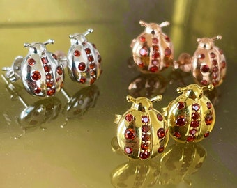 925 Sterling Silver Ladybug Earrings with Red Gemstones - Unique Gift, Lucky Charm, Delicate Jewelry for Everyday and Special Occasions