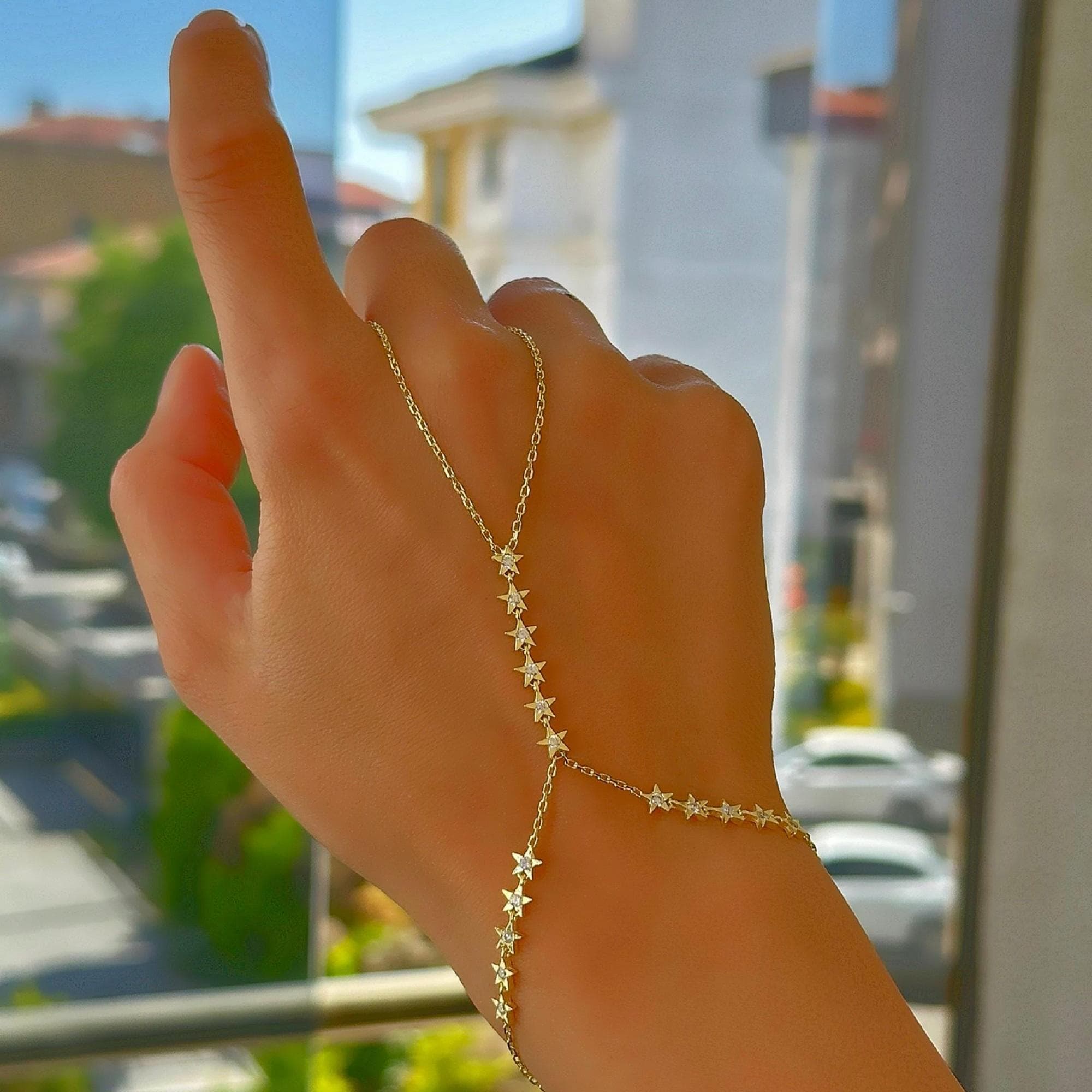 Star Hand Chain Sterling Silver Star Hand Chain, Gold Finger Bracelet, Ring Hand Piece ...