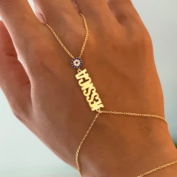 925 Sterling Silver Evil Eye Hand Chain Bracelet With Name