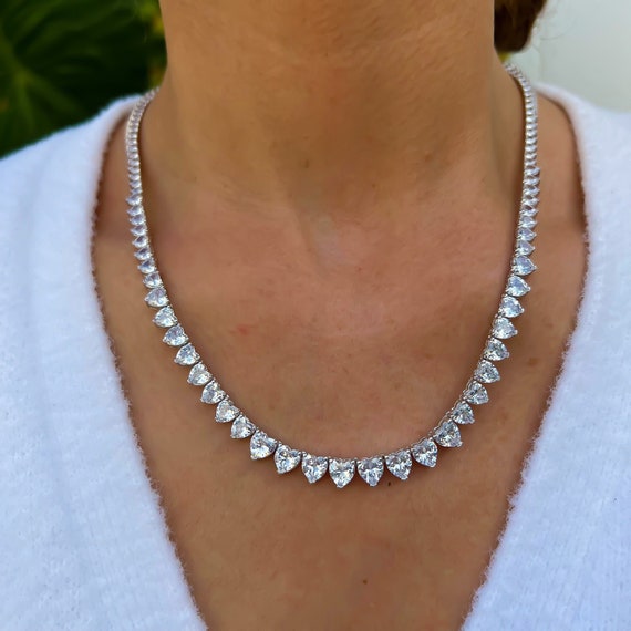 Heart Diamond Clustered Tennis Necklace - White Gold – Huerta Jewelry