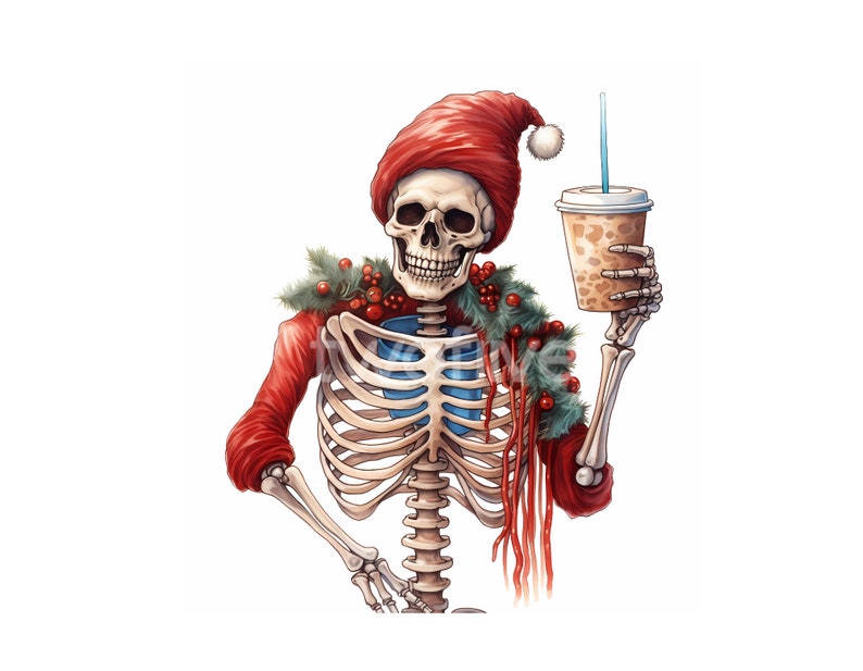 Christmas Skeleton with red Santa hat, Garland of green pine branches, Clusters of red berries, Iced beverage, White background, PNG image 1