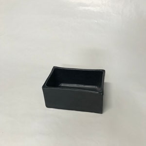 May include: A black rectangular ceramic planter with slightly rounded edges.