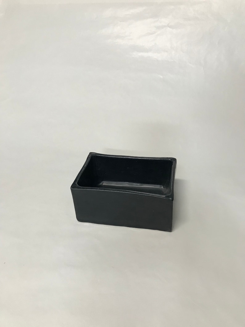 May include: A black rectangular ceramic planter with slightly rounded edges.