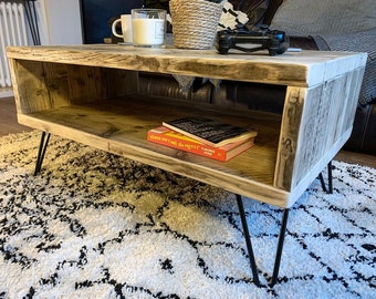 RUSTIC COFFEE TABLE - Recycled scaffold boards, 4 steel hairpin legs (2-Rod), Various colours & sizes available