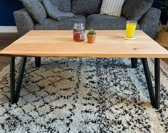 OAK COFFEE TABLE - Recycled oak sleepers, 4 chunky box hairpin legs, solid oak table, osmo oil