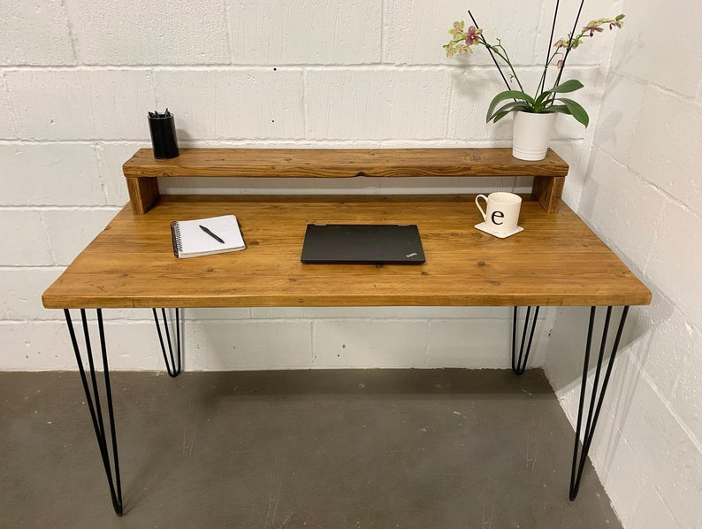 RUSTIC COMPUTER DESK With Monitor Stand Recycled scaffold boards Black steel hairpin legs Various colours and sizes available image 7