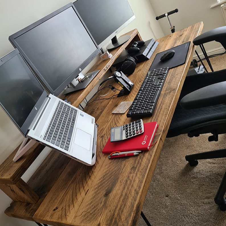 RUSTIC COMPUTER DESK With Monitor Stand Recycled scaffold boards Black steel hairpin legs Various colours and sizes available image 2