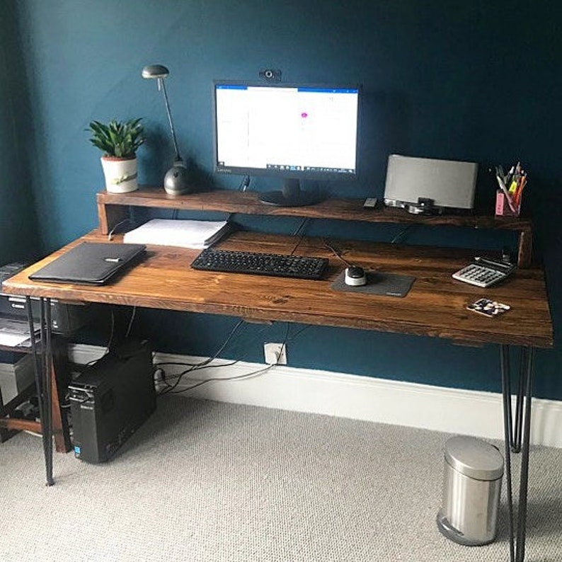 RUSTIC COMPUTER DESK With Monitor Stand Recycled scaffold boards Black steel hairpin legs Various colours and sizes available image 3