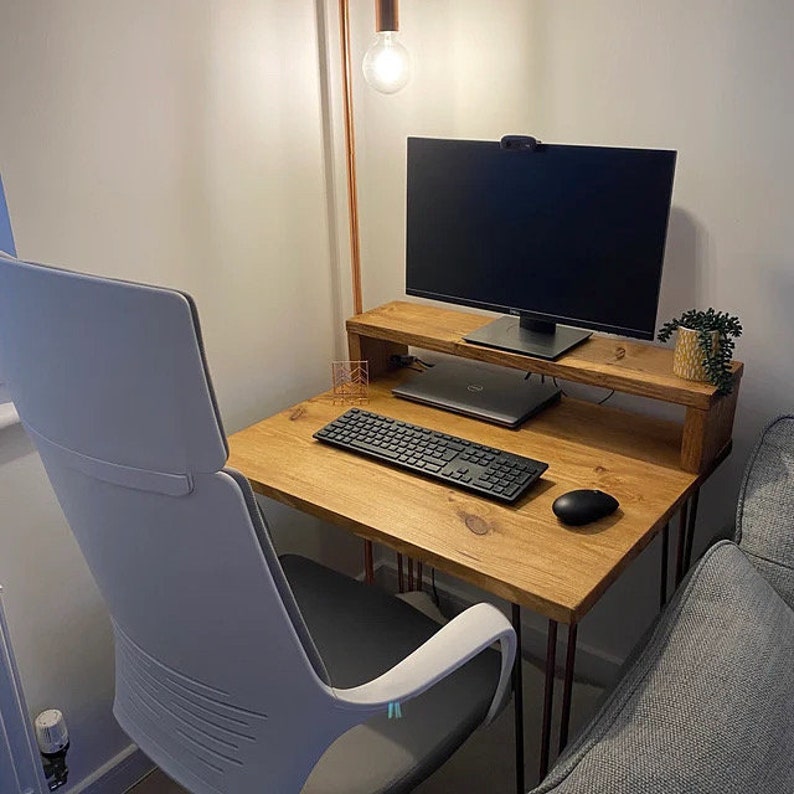 RUSTIC COMPUTER DESK With Monitor Stand Recycled scaffold boards Black steel hairpin legs Various colours and sizes available image 5