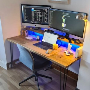 RUSTIC COMPUTER DESK With Monitor Stand Recycled scaffold boards Black steel hairpin legs Various colours and sizes available image 8