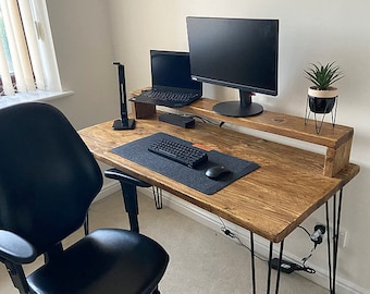 Rustic Computer Desk + Monitor Stand - Recycled Scaffold Board with Black Hairpin Legs