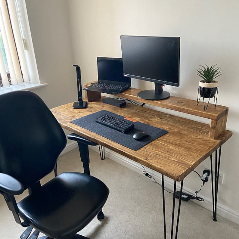 RUSTIC COMPUTER DESK With Monitor Stand Recycled scaffold boards Black steel hairpin legs Various colours and sizes available image 1