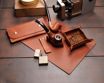 Juego de alfombrilla de cuero para pipa, bandeja para bolsa de tabaco y soporte para pipa, regalo para fumadores de pipa.