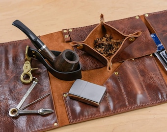 Handmade Leather Tobacco Pipe Roll, Smoker Gift Set