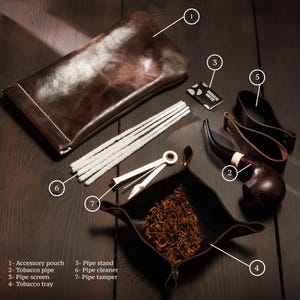 Leather Pipe Pouch with Tobacco Pipe and Accessories
