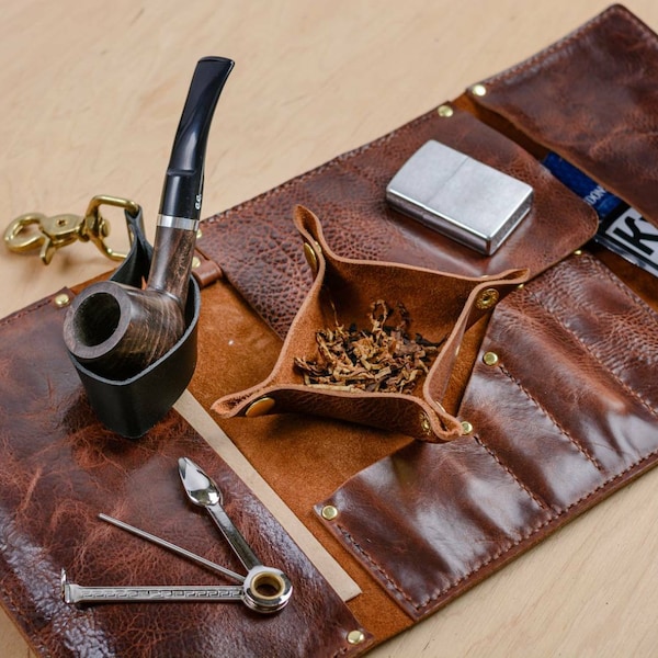 Kit de rouleaux de pipes en cuir : pochette à tabac, plateau et support fabriqués à la main
