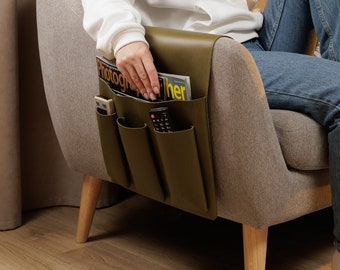 Arm Chair Caddy Leather, Sofa & Couch Organizer with Pockets, Armchair Organizer, Remote Control Caddy for Couch, Personalized Gift