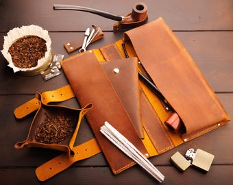 Churchwarden Pipe Bag Leather Set, Tobacco Pouch Tray, Gift for Pipe Smoker