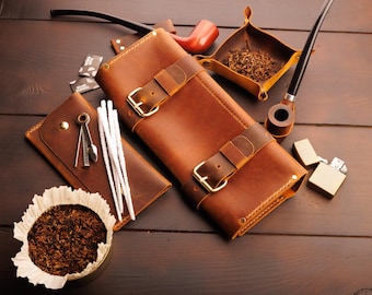 Pipe Smoking Pouch Leather, Fathers Day Gift for Dad, Tobacco Roll Set