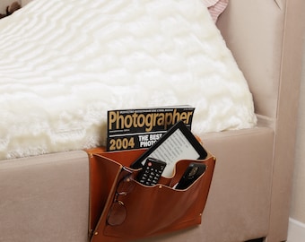 Personalized Hanging Bed Organizer, Leather Armrest Caddy