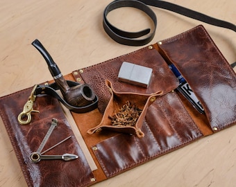 Leather Tobacco Pipe Roll, Personalized Pouch with Tray