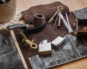 Leather Tobacco Pipe Roll, Portable Smoking Pipe Pouch with Tray