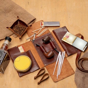 Leather pipe pouch roll for 2 pipes Valet tray Pipe stand Smoker gift