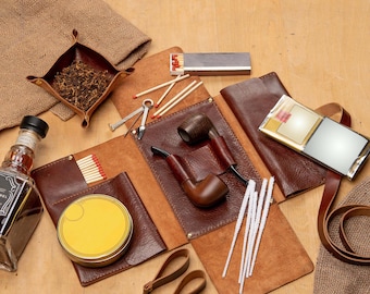 Leather pipe pouch roll for 2 pipes Valet tray Pipe stand Smoker gift