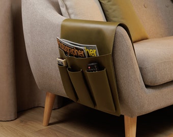 Leather Bedside Caddy: Olive Sofa Remote, Book Holder