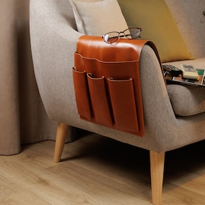 Leather Armchair Organizer, Sofa caddy with 4 pockets for phone, book, remote control
