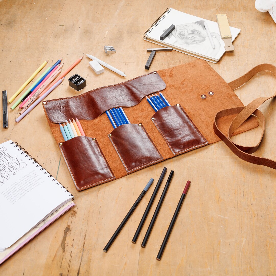 Personalized Leather Pencil Roll up Case, Travel Holder for Pencils