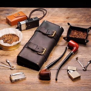 Churchwarden Pipe Pouch, Leather Pipe Roll with Pipe Stand and Tobacco Tray, Travel Tobacco Pipe Roll Up, 50th Birthday