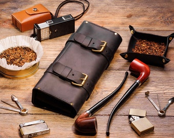 Churchwarden Pipe Pouch, Leather Pipe Roll with Pipe Stand and Tobacco Tray, Travel Tobacco Pipe Roll Up, 50th Birthday