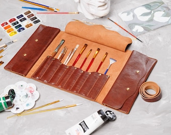 Leather Brush Roll for Artist Organizer, Custom Brush Case with Name, Roll Up Pencil and Brush Holder, Travel Artist Tool Roll