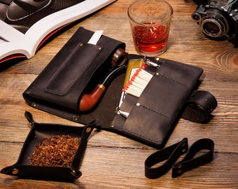 Leather Travel Pipe Pouch, Tobacco Roll, Personalized Gift Set
