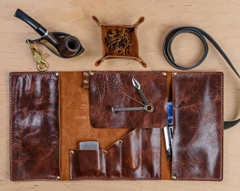 Handcrafted Leather Tobacco Pipe Roll, Tray & Holder