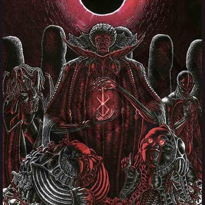 Könnte beinhalten: Detaillierte, düstere Illustration in Rot- und Schwarztönen. Eine zentrale Figur in einem roten Umhang hält ein leuchtendes Symbol. Das Kunstwerk zeigt eine schwarze Sonne und mehrere Figuren im Hintergrund.