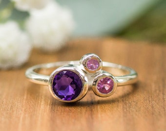 Sustainable Ring in 925 Sterling Silver with purple Amethyst and pink Spinel birthstone February August perfect gift for her
