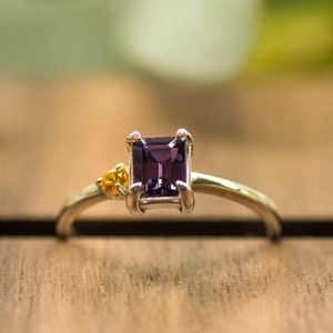 Ring in Sterling Silver with natural gemstones: Purple Spinel and yellow Sapphire. Sustainable handmade jewelry. Perfect Engagement ring image 1