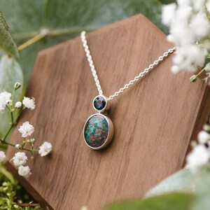 Opal necklace for women, silver, with Australian opal triplet & blue sapphire genuine gemstone jewelry with blue stones, jewelry gift. image 6