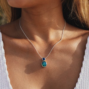 Opal necklace for women, silver, with Australian opal triplet & blue sapphire genuine gemstone jewelry with blue stones, jewelry gift. image 2