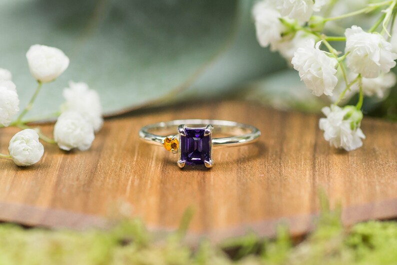 Ring in Sterling Silver with natural gemstones: Purple Spinel and yellow Sapphire. Sustainable handmade jewelry. Perfect Engagement ring image 2