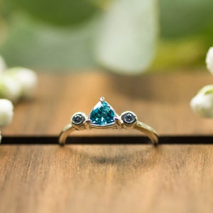 Handmade ring in sterling silver with sky blue Topaz and round Salt and Pepper Diamonds as ethical sourced gemstones for engagement ring image 2