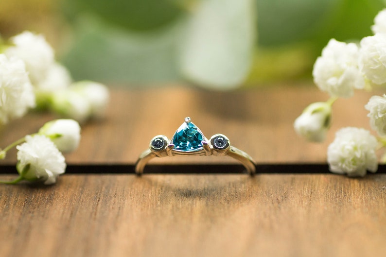 Handmade ring in sterling silver with sky blue Topaz and round Salt and Pepper Diamonds as ethical sourced gemstones for engagement ring image 2