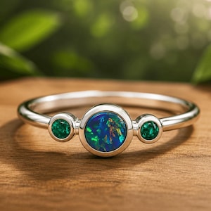 OPAL TRIPLETTE RING | Bezel Setting Ring | Green Gemstone Ring | Unique Ring With Australian Opal Doublet And Ethically Sourced Emeralds